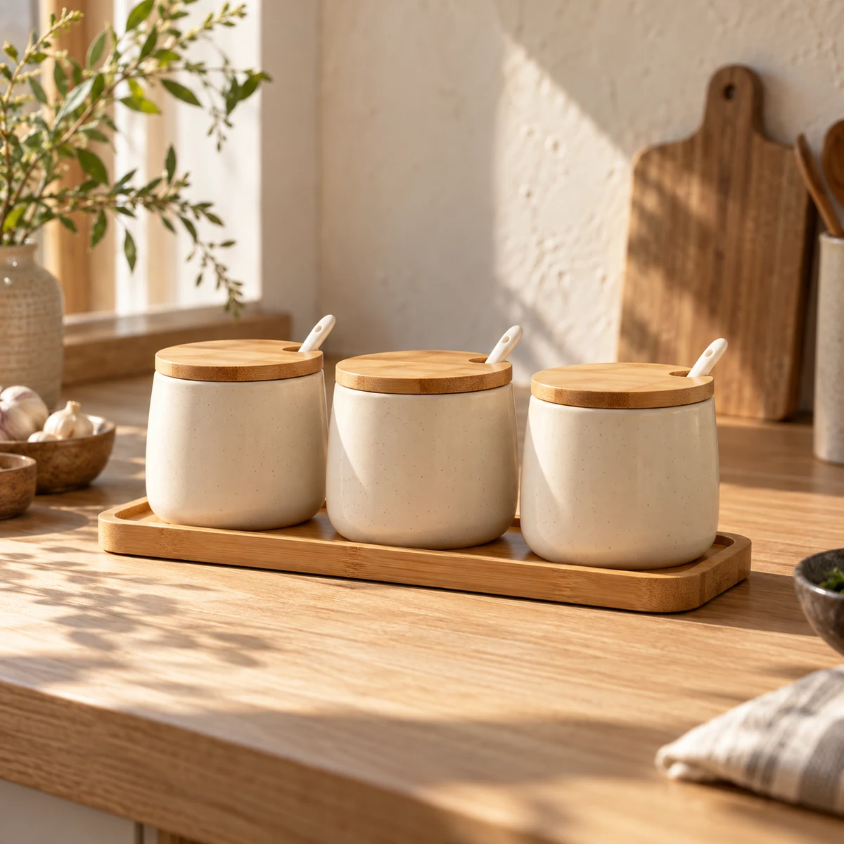 Ceramic Seasoning Jar Trio in Cream / natural bamboo — lifestyle setting