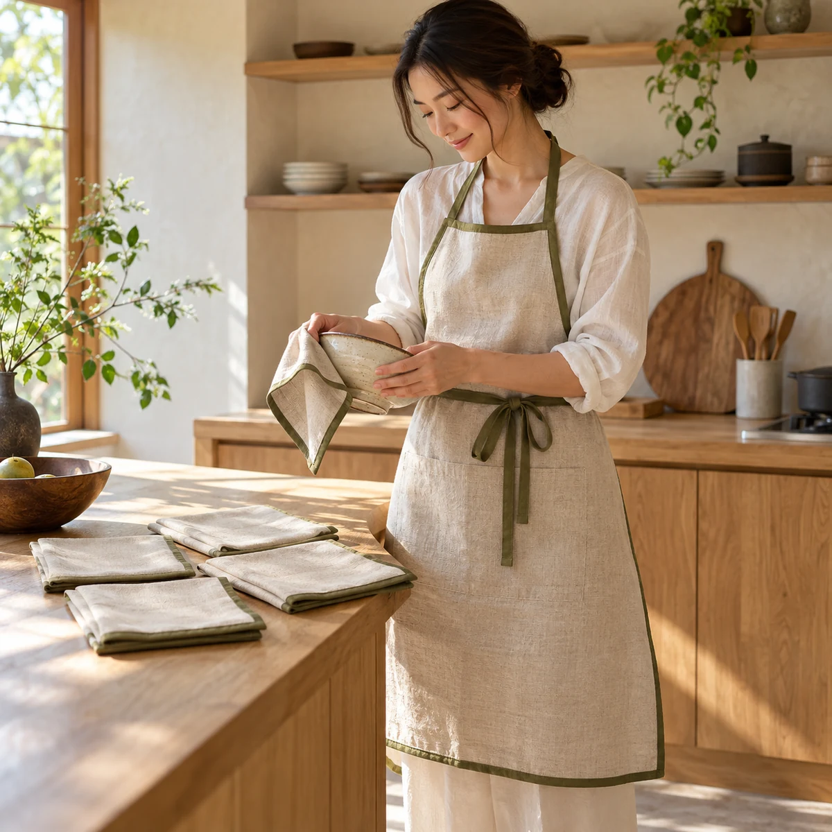 Linen Blend Apron & Napkin Set in Linen beige / olive trim — lifestyle setting