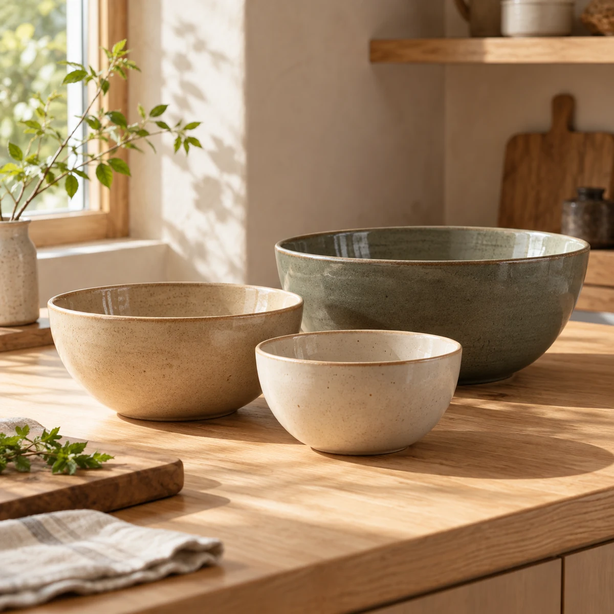 Stoneware Mixing Bowl Trio in Cream / sand / gray-green — lifestyle setting