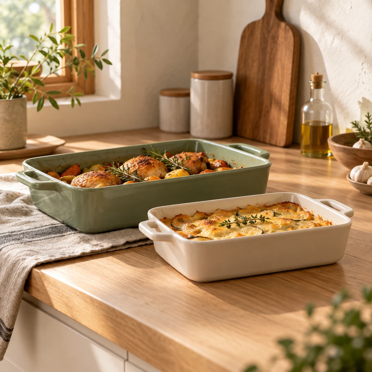 Ceramic Baking Dish Duo in Sage green / cream — lifestyle setting