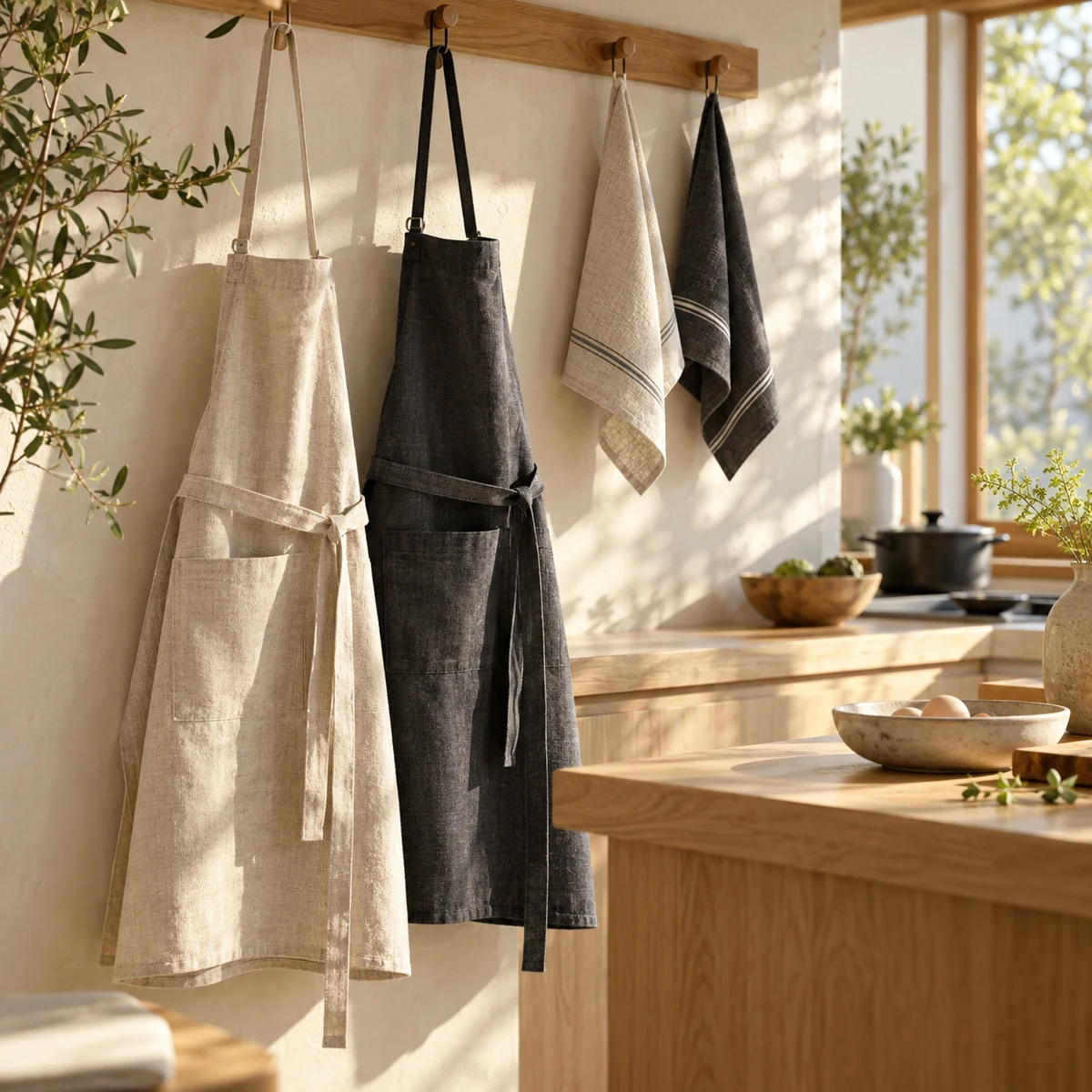 Together Cotton Apron Gift Set in Oatmeal / charcoal — lifestyle setting