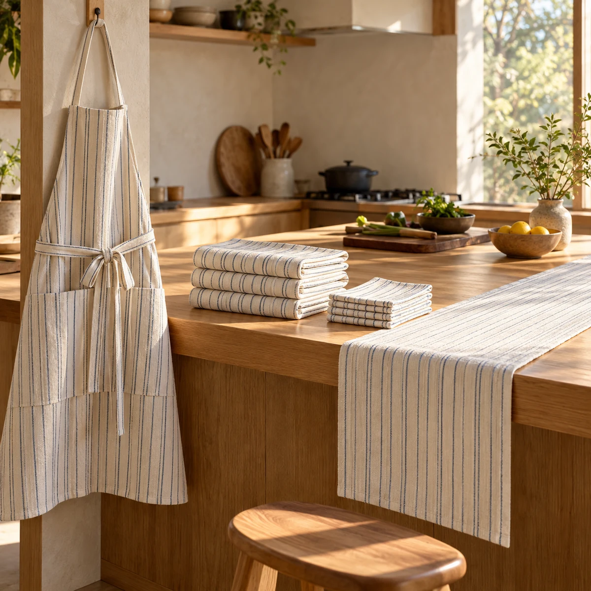 Kitchen Textile Gift Set in Ivory / indigo fine stripe — lifestyle setting