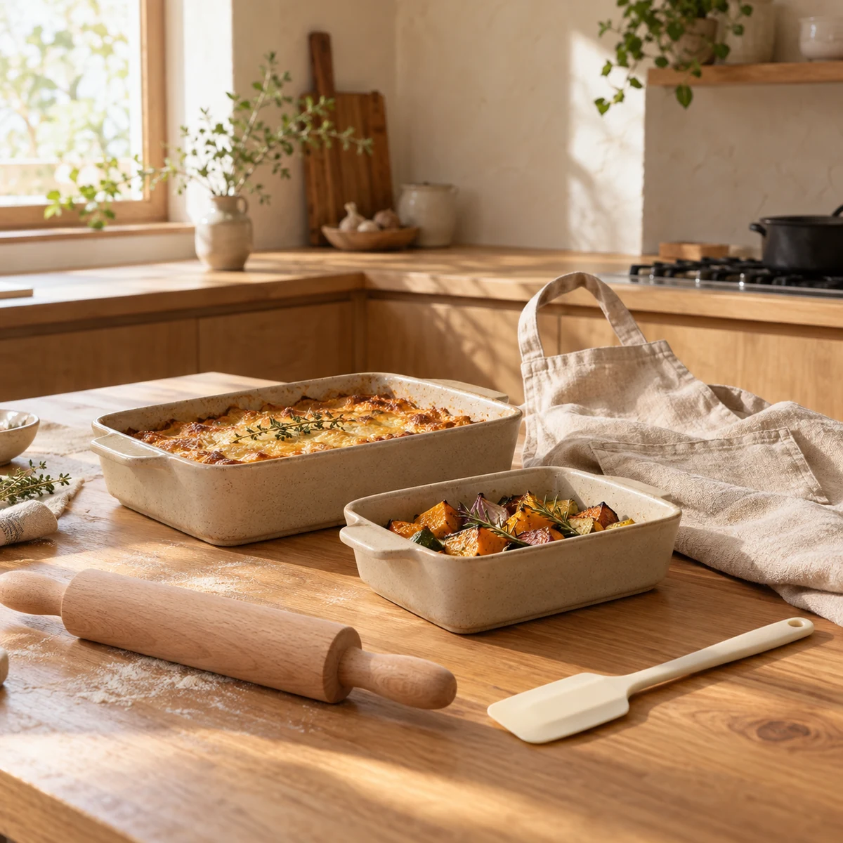 Weekend Baking Collection in Sand / oatmeal / natural wood — lifestyle setting