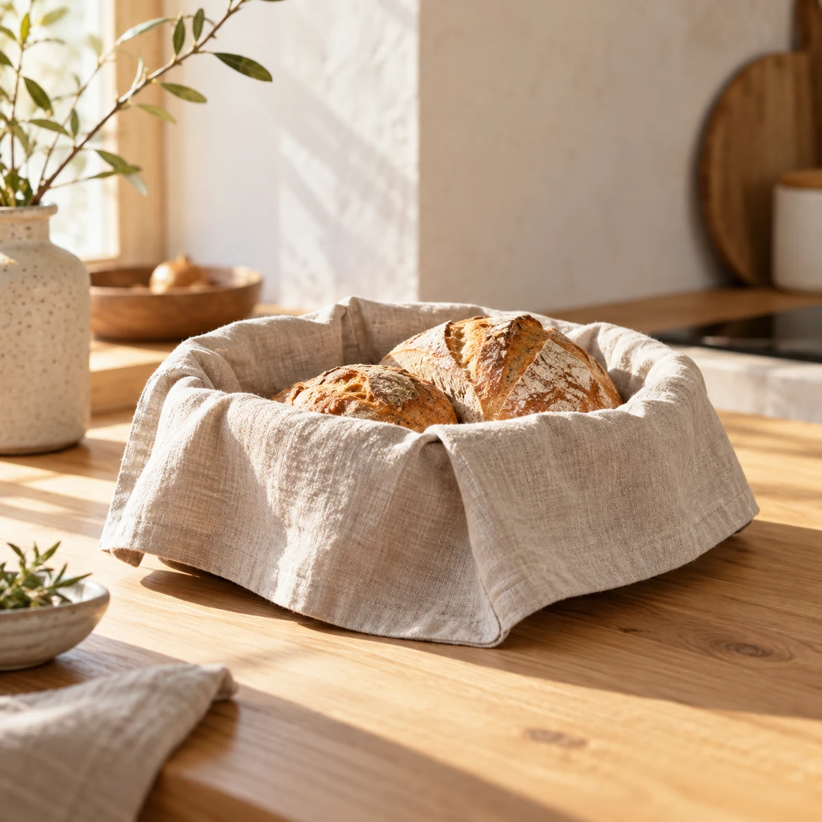 Linen Blend Bread Basket Liner in Natural linen — lifestyle setting