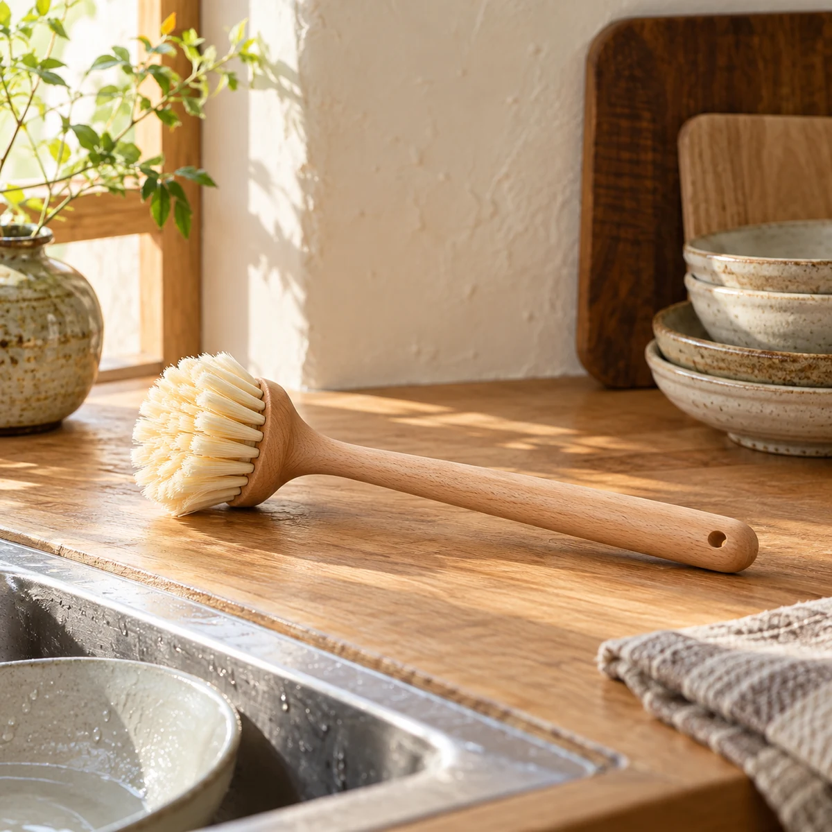 Beechwood Dish Brush in Natural wood / ivory — lifestyle setting