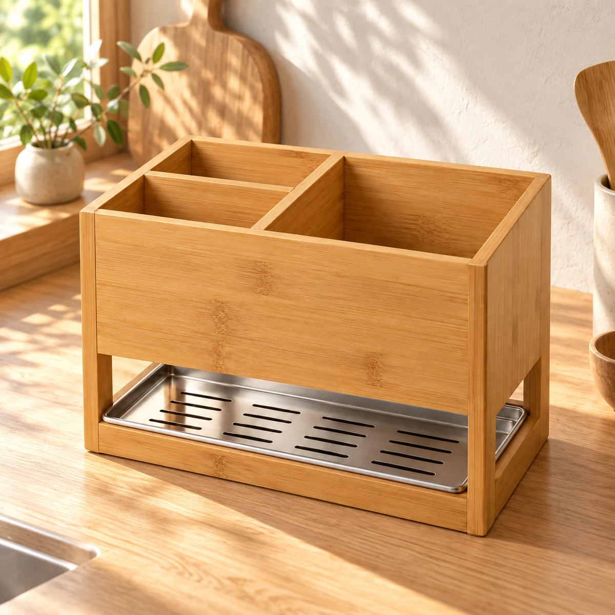 Countertop Cutlery Organizer in Natural bamboo / silver — lifestyle setting