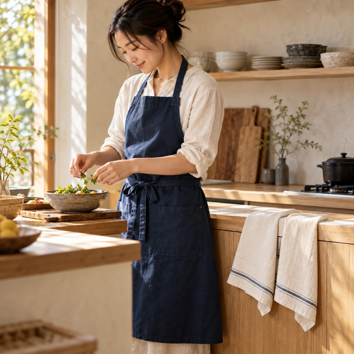 Canvas Apron & Towel Set in Indigo / ivory — lifestyle setting