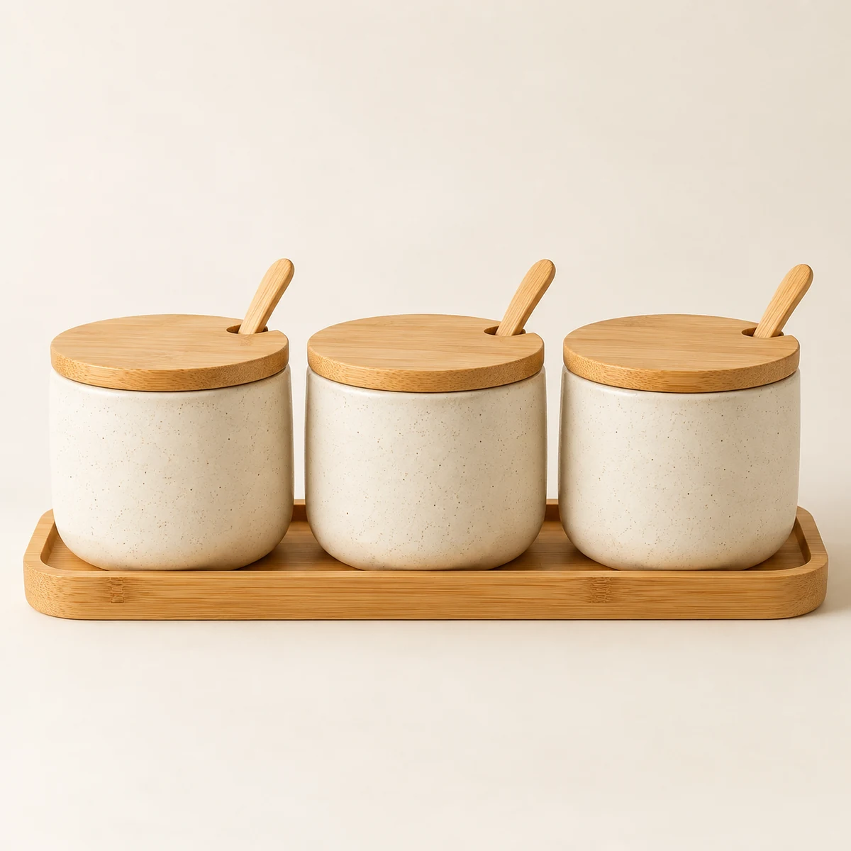 Ceramic Seasoning Jar Trio in Cream / natural bamboo