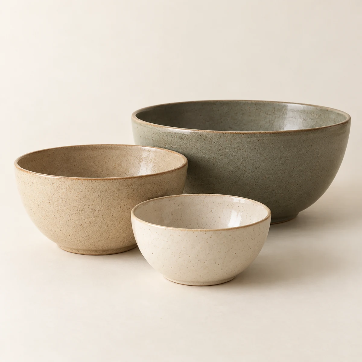 Stoneware Mixing Bowl Trio in Cream / sand / gray-green